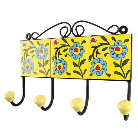 Ceramic Floral Tile Hook in Yellow